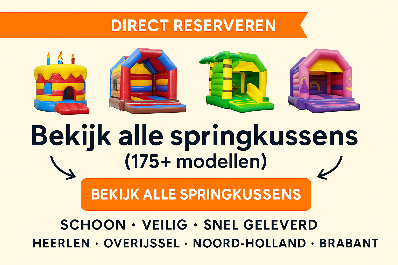Afbeelding met oproep: Bekijk alle springkussens bij Happy Rent – meer dan 175 modellen schoon, veilig en snel geleverd in Heerlen, Overijssel, Noord-Holland en Brabant