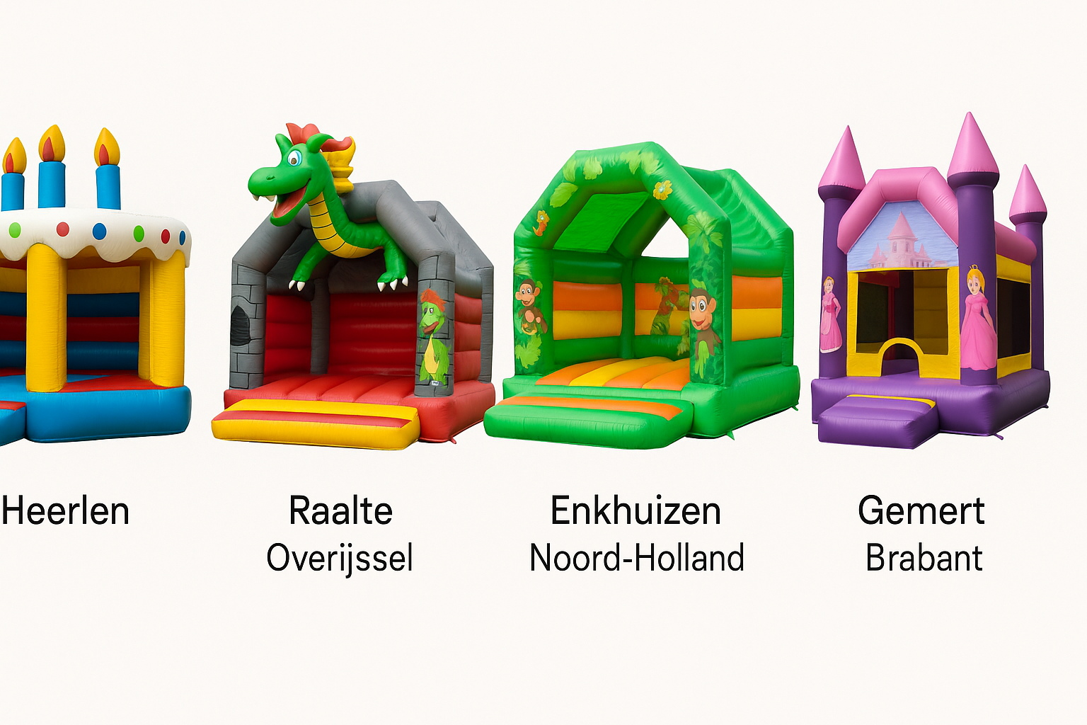 Vier kleine springkussens per locatie: Heerlen, Raalte (Overijssel), Enkhuizen (Noord-Holland) en Gemert (Brabant)