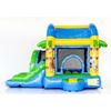 Kleurrijk Jumpy Extra Fun Feest springkussen met glijbaan en tropisch thema, perfect voor kinderfeesten