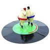 Twee kinderen in sumo pakken die worstelen op een ronde mat tijdens het spel sumo worstelen voor kinderen, te huur bij Happy Rent