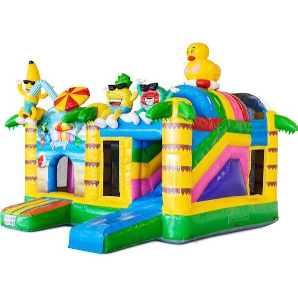 Multiplay Springkussen Summer Party voorkant Multiplay Springkussen Summer Party huren bij Happy Rent â kleurrijk zomer springkussen met glijbaan