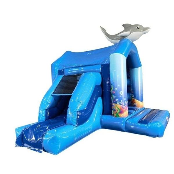 Springkussen Dolfijn met Glijbaan vooraanzicht Vooraanzicht van het onderwater dolfijn springkussen met glijbaan