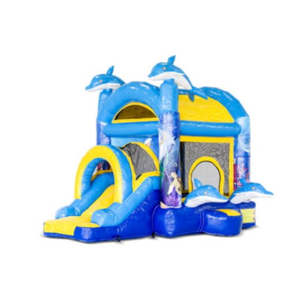 Jumpy Extra Fun Dolfijn springkussen voorkant Springkussen met dolfijn thema huren bij Happy Rent, kleurrijk model met glijbaan en speelruimte