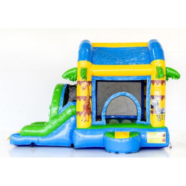 Kleurrijk Jumpy Extra Fun Feest springkussen met glijbaan en tropisch thema, perfect voor kinderfeesten