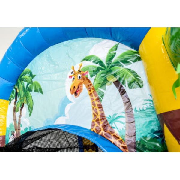 Kleurrijk Jumpy Extra Fun Feest springkussen met glijbaan en tropisch thema, perfect voor kinderfeesten