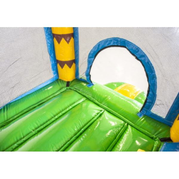 Kleurrijk Jumpy Extra Fun Feest springkussen met glijbaan en tropisch thema, perfect voor kinderfeesten
