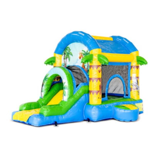 Kleurrijk Jumpy Extra Fun Feest springkussen met glijbaan en tropisch thema, perfect voor kinderfeesten