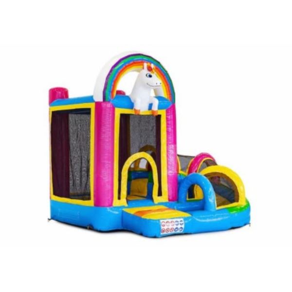 Kleurrijk springkussen met glijbaan in unicorn-thema – ideaal voor kinderfeestjes en evenementen in Enkhuizen en West-Friesland