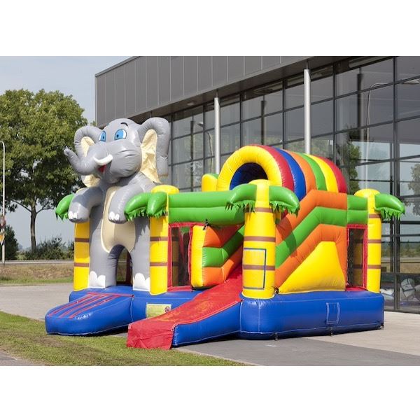 Kleurrijk Multiplay Springkussen met olifant thema, ideaal voor kinderfeesten en evenementen