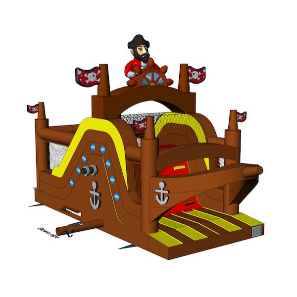 Stormbaan Piraat 1 huren bij Happy Rent Opblaasbare stormbaan in piratenthema met glijbaan en obstakels â ideaal voor sportdagen en evenementen