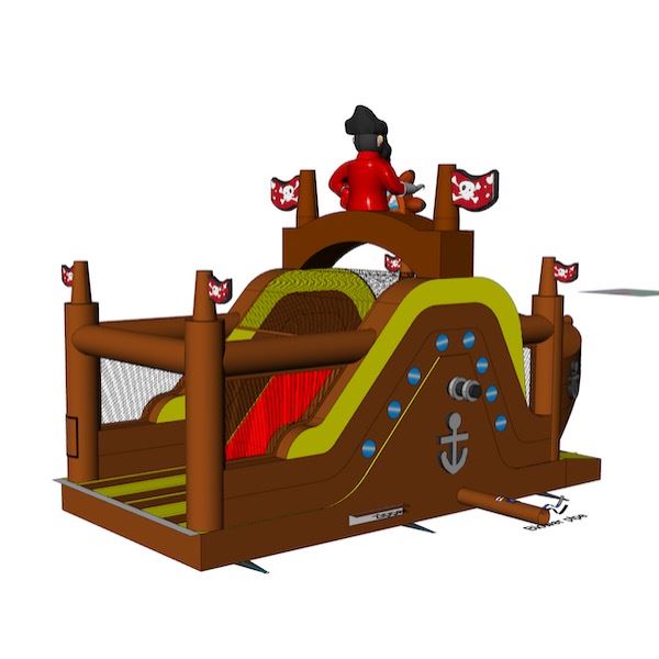 Stormbaan Piraat 1 huren bij Happy Rent Opblaasbare stormbaan in piratenthema met glijbaan en obstakels â ideaal voor sportdagen en evenementen