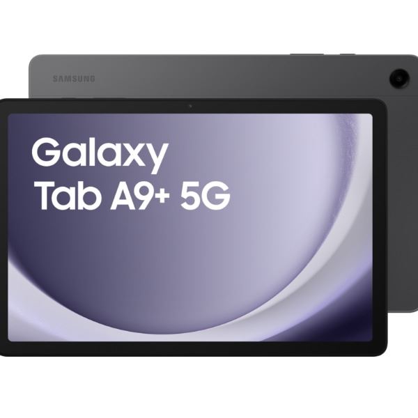 Vooraanzicht van de Samsung Galaxy Tab A9+ 5G met donkergrijze behuizing en helder display