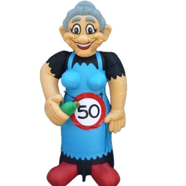 Feestelijke opblaasbare Sarah pop van 3,5 meter met 50-banner