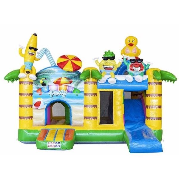 Multiplay Springkussen Summer Party voorkant Multiplay Springkussen Summer Party huren bij Happy Rent â kleurrijk zomer springkussen met glijbaan