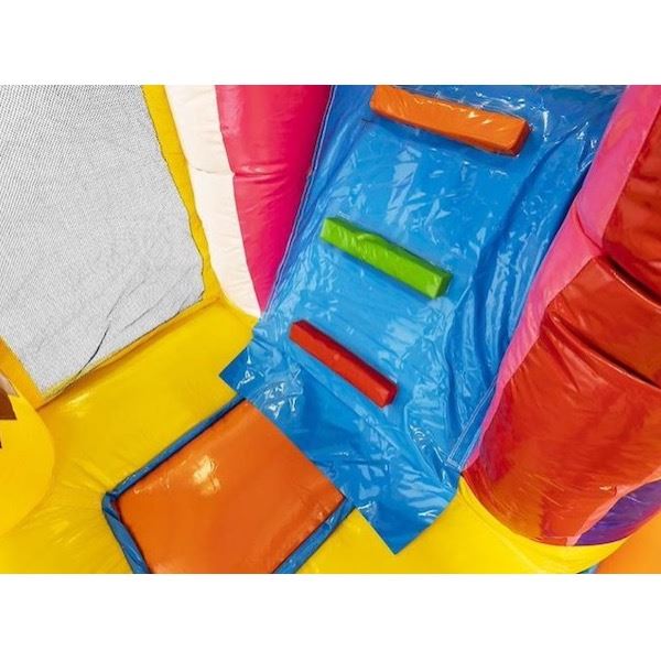 Multiplay Springkussen Summer Party voorkant Multiplay Springkussen Summer Party huren bij Happy Rent â kleurrijk zomer springkussen met glijbaan