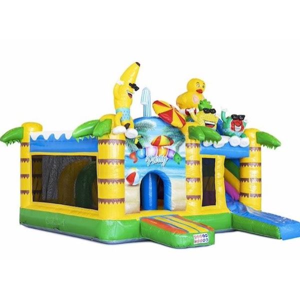 Multiplay Springkussen Summer Party voorkant Multiplay Springkussen Summer Party huren bij Happy Rent â kleurrijk zomer springkussen met glijbaan
