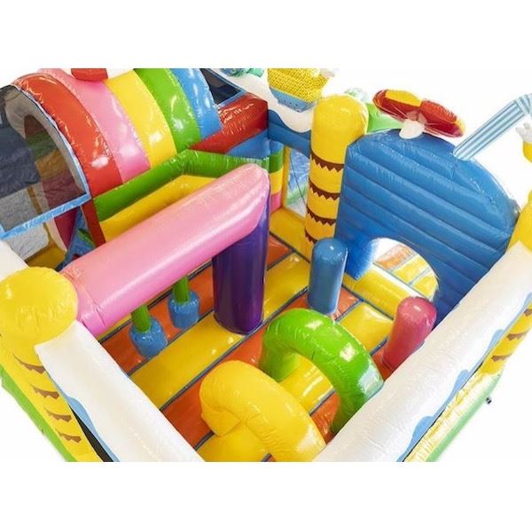 Multiplay Springkussen Summer Party voorkant Multiplay Springkussen Summer Party huren bij Happy Rent â kleurrijk zomer springkussen met glijbaan
